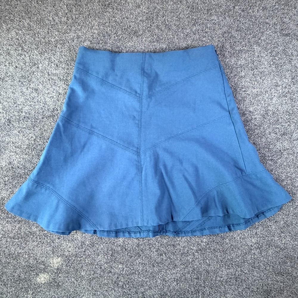Ann Taylor LOFT Mini A Line Skirt Womens 2 Blue Stretch Ruffle Detail Casual